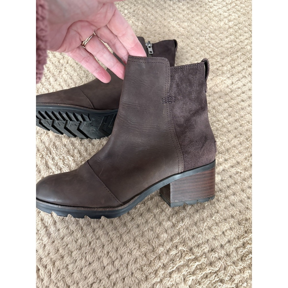 Sorel Boots Womens Size 8.5 Cate Chocolate Brown Leather/Suede Zip Block Heel - Picture 7 of 15